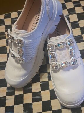 Women’s White Slip-On Athletic Sneakers with Crystal Embellishment